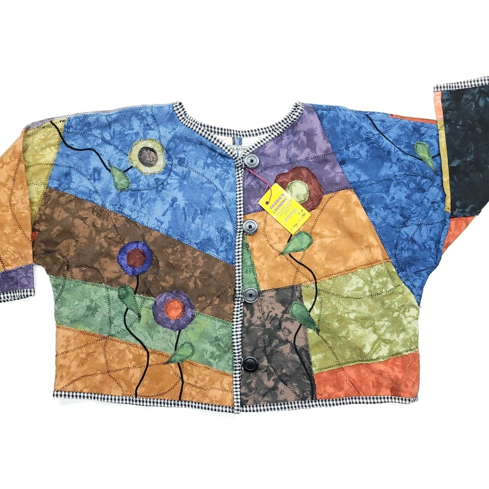 Handmade Cardigan Women OS Colorful Floral Patchwork Eclectic Festival Fiber Art